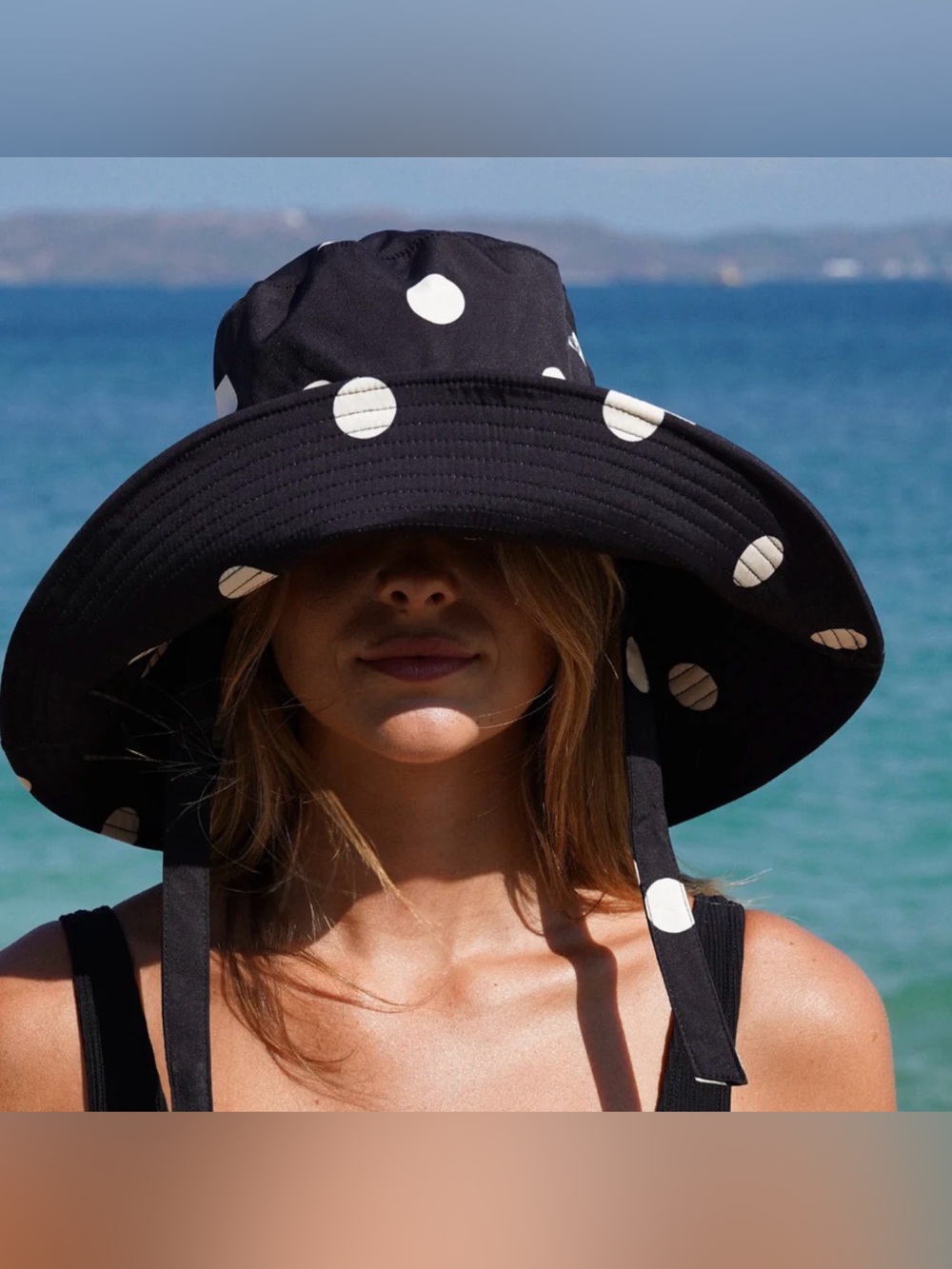 Charles & Keith Black Polka Dot Wide-Brim Hat with Chin Tie